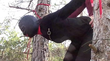 Tied Up To A Tree Outdoor On Sexy Clothes Wearing Pantyhose And High Ankle Boots Heels Rough Fuck